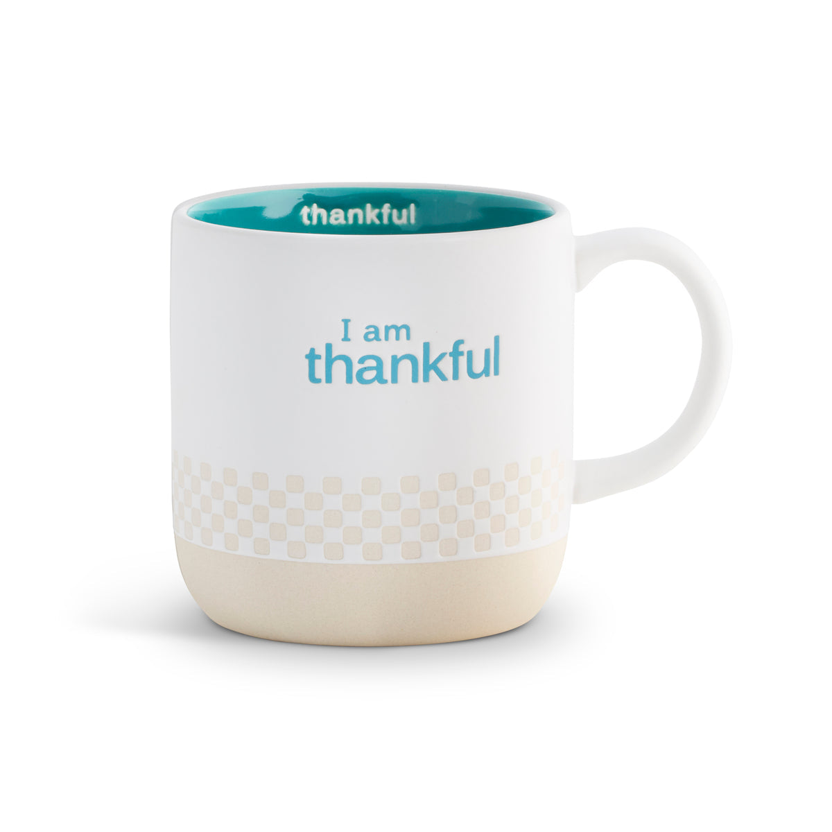 White mug with text 'I am thankful' on a white background. Available at Be Charmed