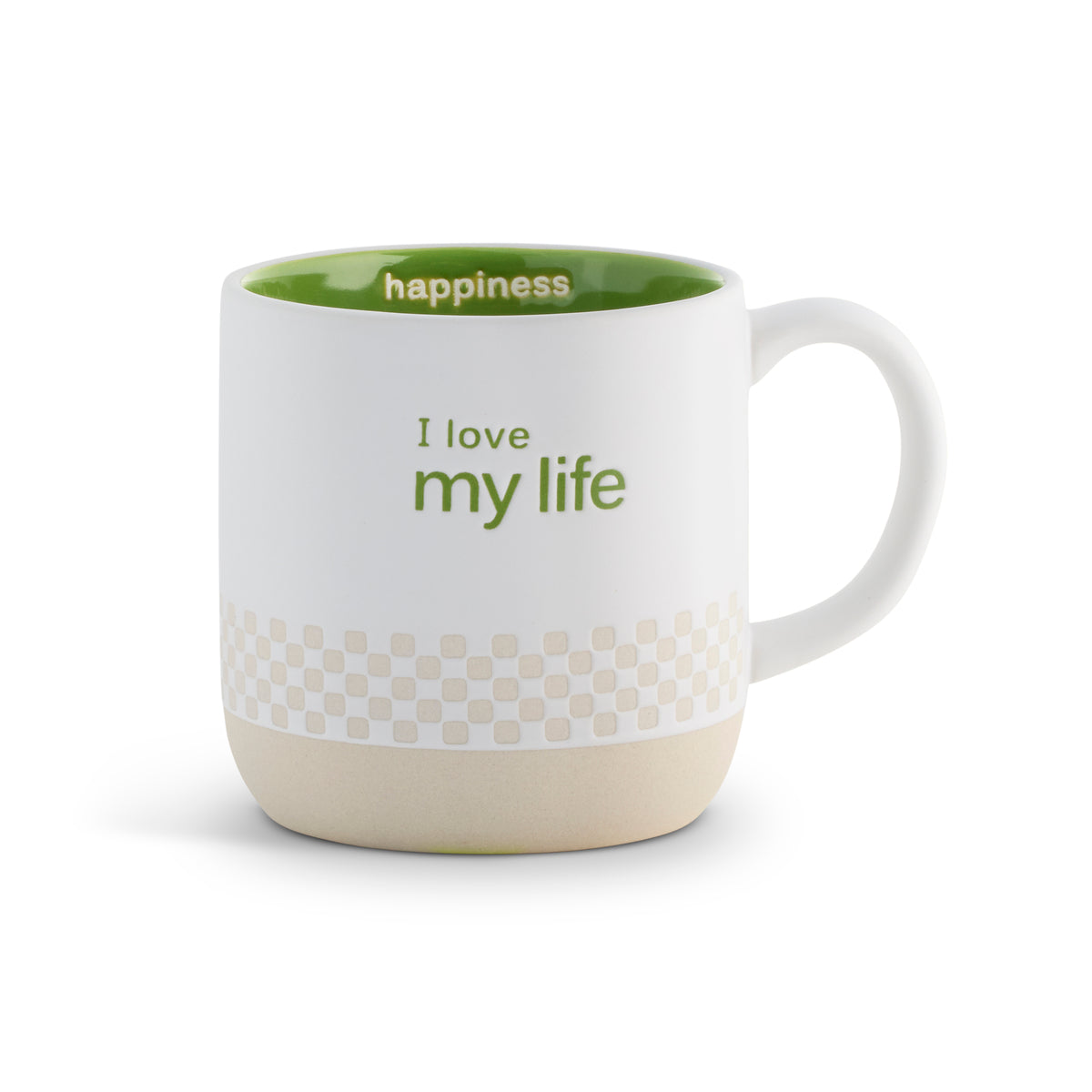 White mug with green interior, 'I love my life' text, and checkered pattern on a white background. Available at Be Charmed