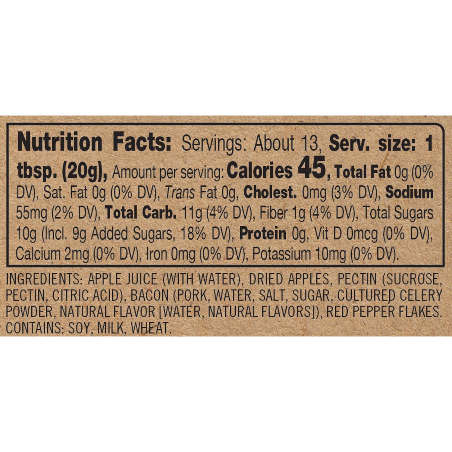 Nutrition facts label for  Bacon + Apple Jam with ingredients listed below. Available at Be Charmed