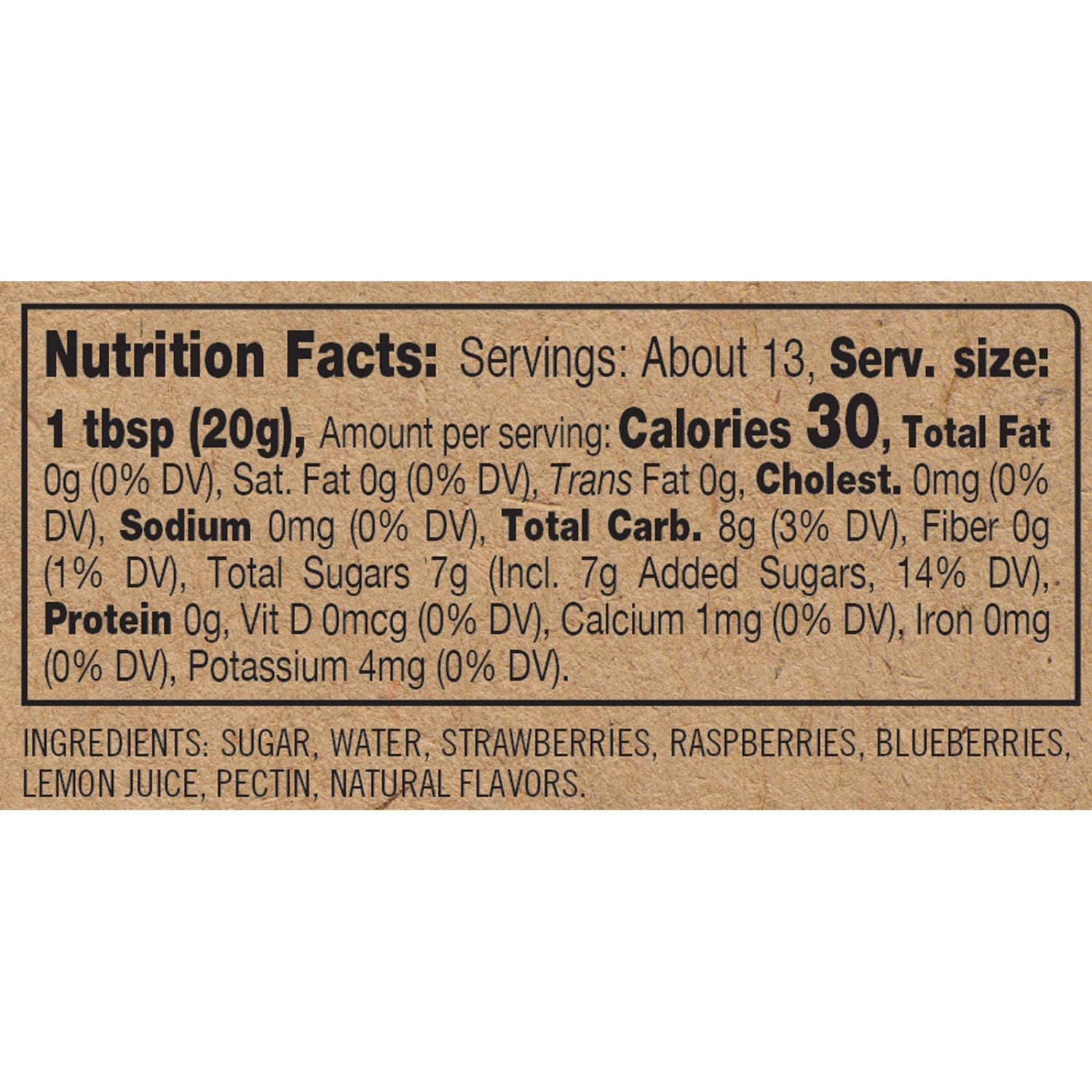 Nutrition facts label for Triple Berry Jam with ingredients listed below. Available at Be Charmed