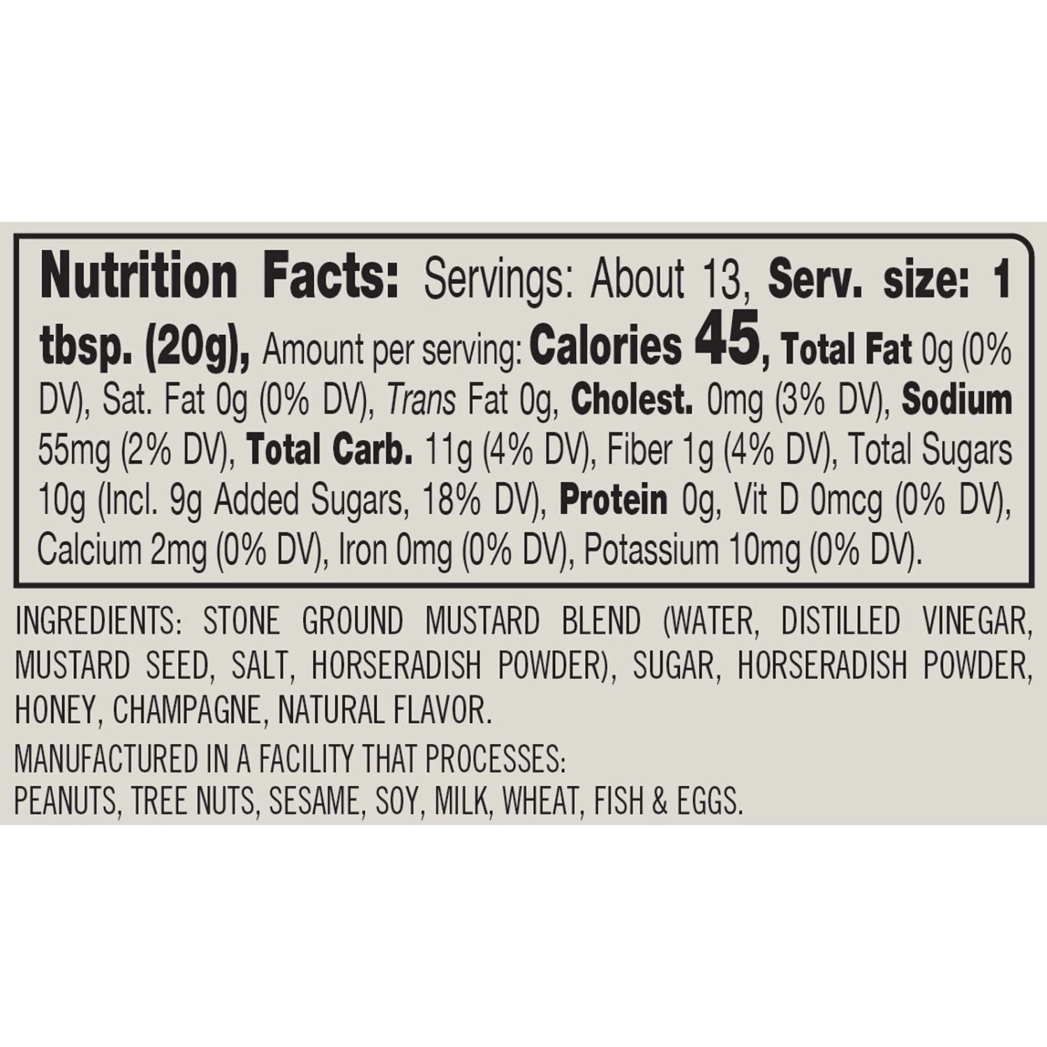 Nutrition facts label for Champagne Honey Mustard with detailed information on calories, ingredients, and allergens. Available at Be Charmed