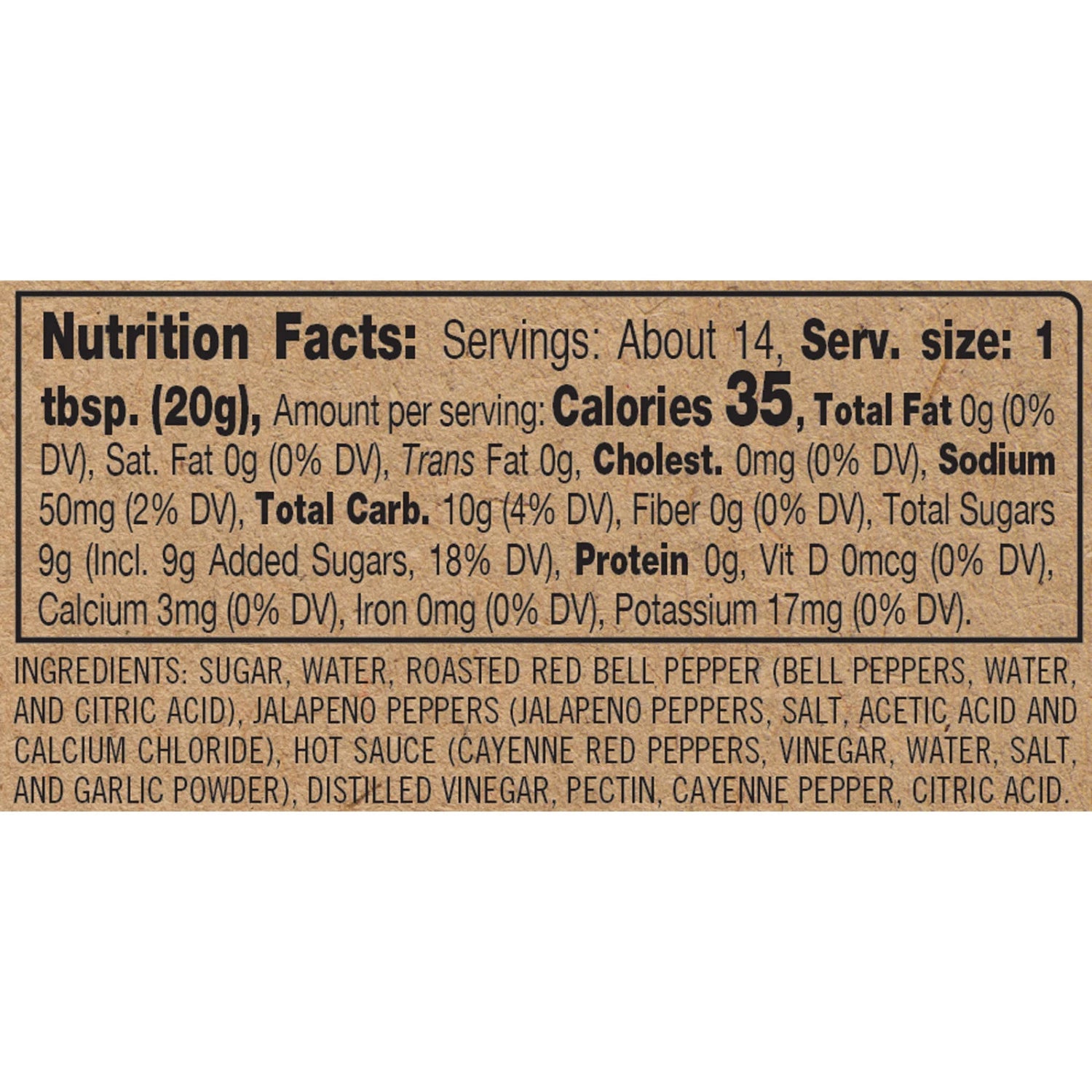 Nutrition facts label hot pepper jelly with detailed information on calories, ingredients, and nutritional values. Available at Be Charmed