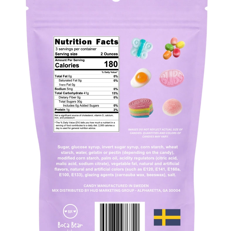 Nutrition label for Boca Bear Kids Swedish Candy Easter Bunny Bag, festive Easter candy for kids, available at Be Charmed
