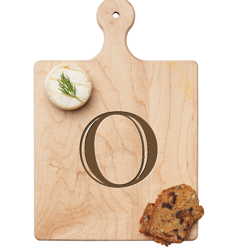 Maple Leaf 9x6 Initial Board O with Spreader. Personalized wooden serving board with monogram design. Perfect gift. Available at Be Charmed.