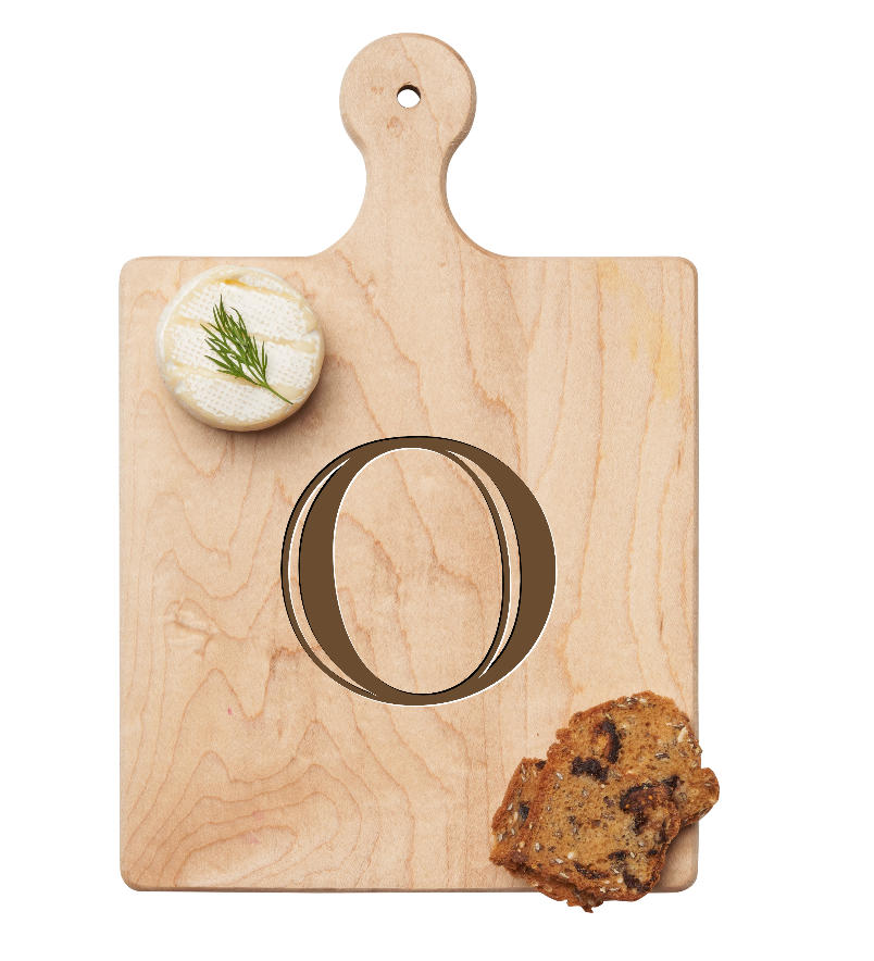Maple Leaf 9x6 Initial Board O with Spreader. Personalized wooden serving board with monogram design. Perfect gift. Available at Be Charmed.