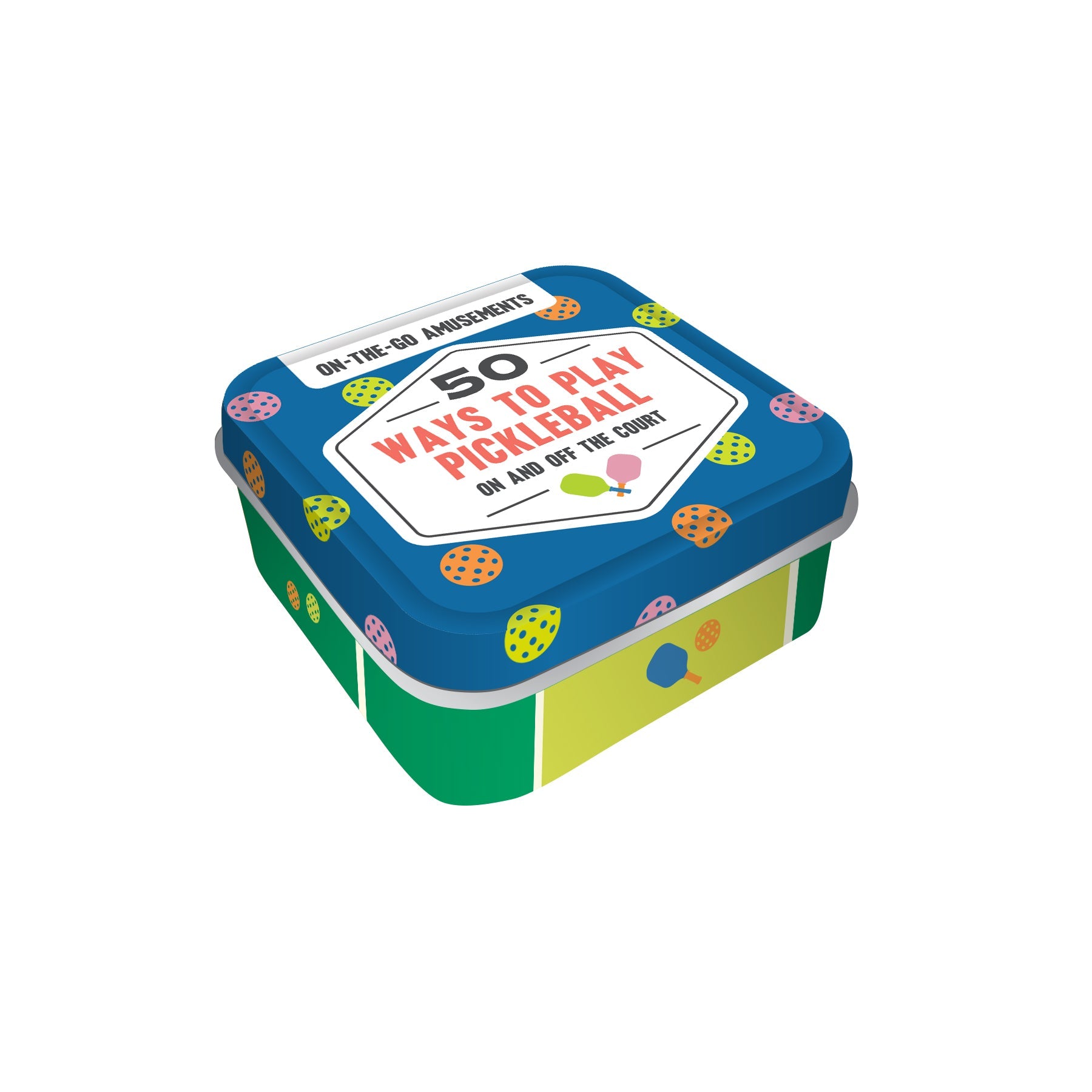 Colorful box with '50 Ways to Play Pickleball' text on a white background. Available at Be Charmed