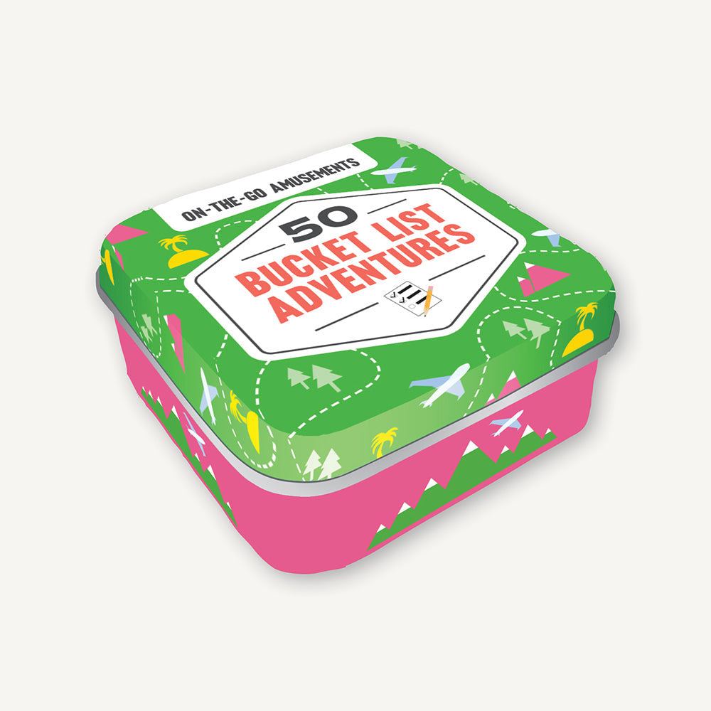 50 Bucket List Adventures card set by On-the-Go Amusements – compact travel-sized tin with inspiring adventure prompts and ideas, perfect for gifting or road trips, available at Be Charmed.