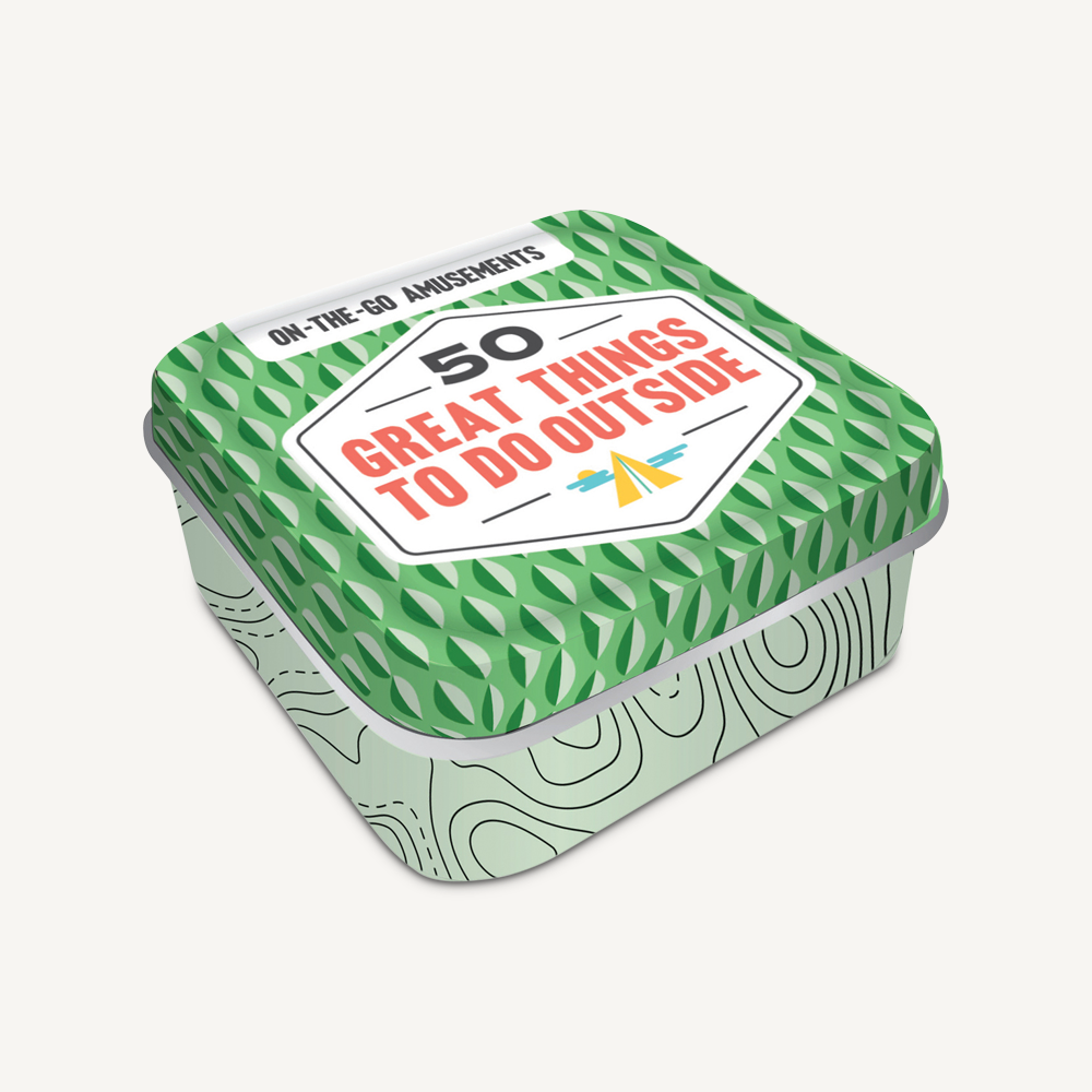 50 Great Things to Do Outside card set by On-the-Go Amusements – compact tin filled with fun outdoor activity ideas for kids, families, and nature lovers, perfect for travel or weekend play, available at Be Charmed.