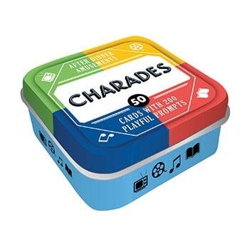 Charades Game Tin by On-the-Go Amusements – portable card game in a compact tin featuring classic charades prompts for all ages, perfect for travel, parties, or family game night, available at Be Charmed.