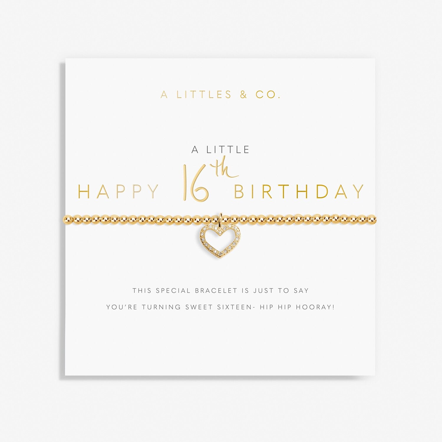 Gold bracelet with heart charm on a 'Happy 16th Birthday' card from A Littles & Co. Available at Be Charmed