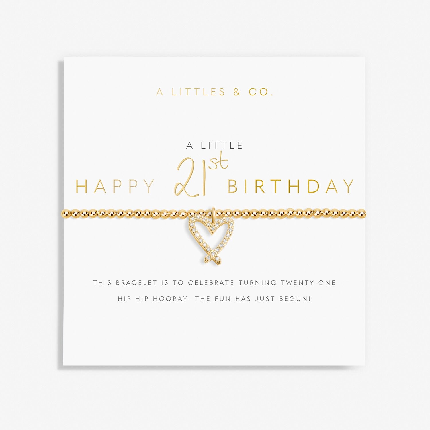 Gold bracelet with heart design on a 'Happy 21st Birthday' card from A Littles & Co. Available at Be Charmed