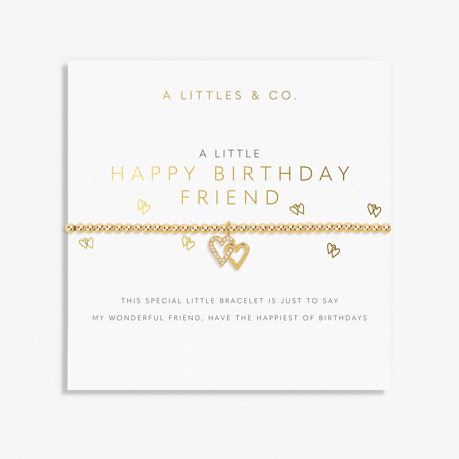 Gold bracelet with heart design on a 'A Littles & Co.' birthday card. Available at Be Charmed