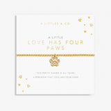 Gold bracelet with paw charm on a white card with text. Available at Be Charmed