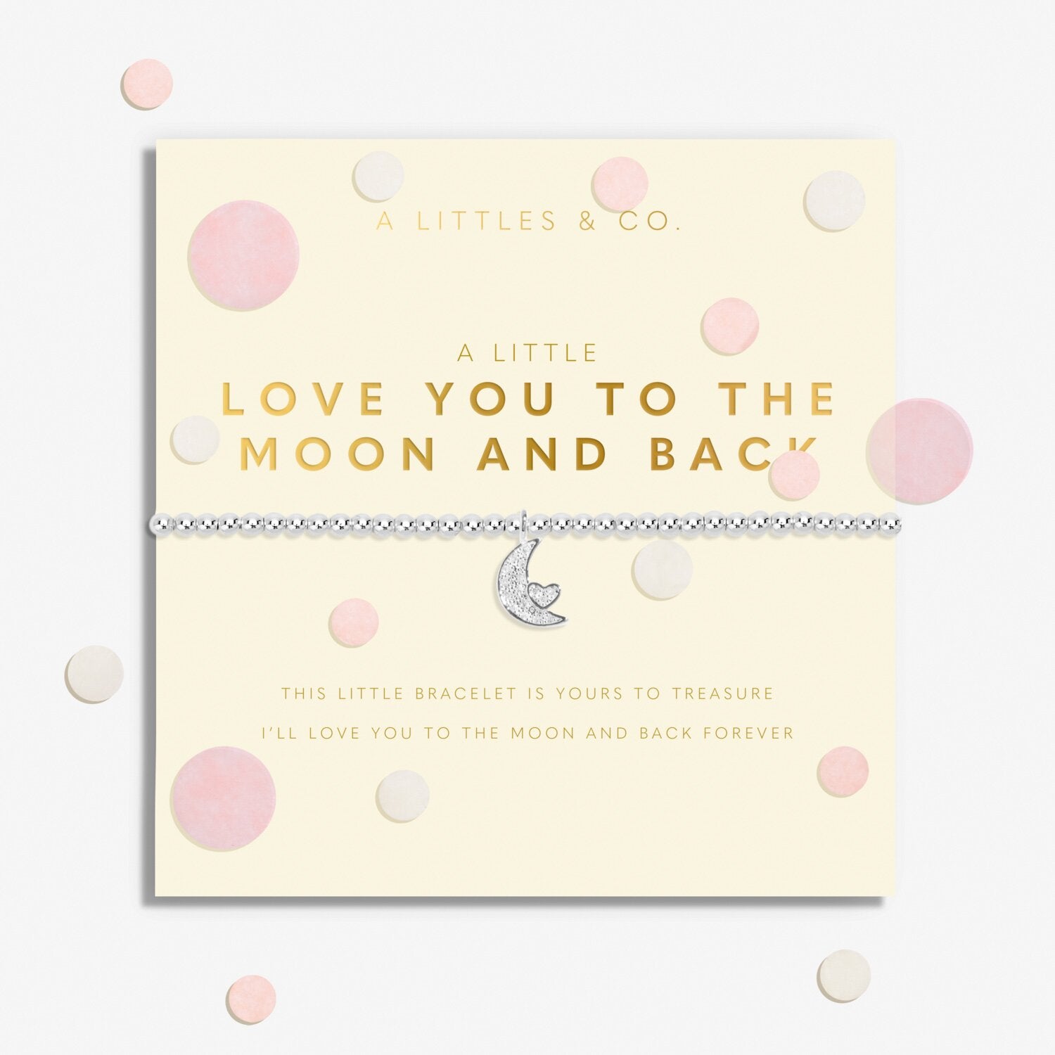 Bracelet with moon design on a card with 'A Little Love You to the Moon and Back' text, brand 'A Littles & Co.' visible. Available at Be Charmed