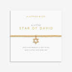 Gold Star of David bracelet on a white card with 'A Littles & Co.' branding. Available at Be Charmed