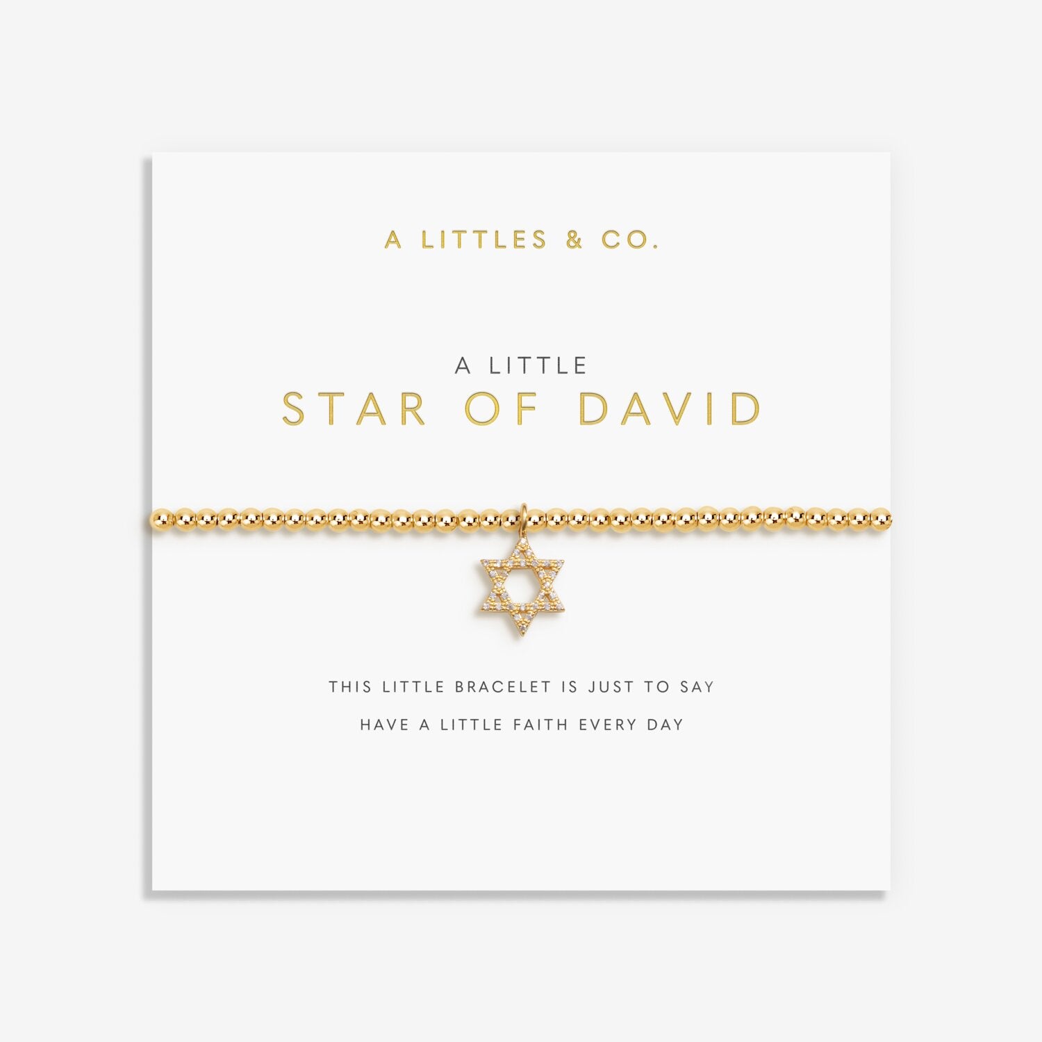 Gold Star of David bracelet on a white card with 'A Littles & Co.' branding. Available at Be Charmed