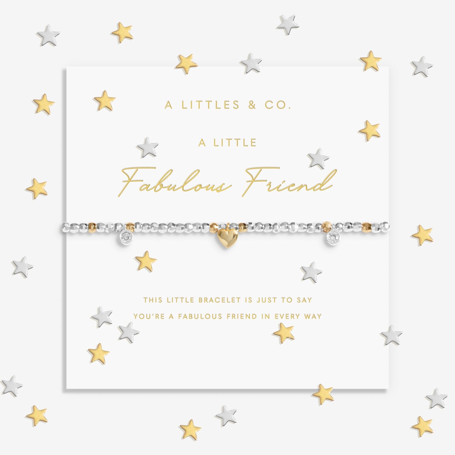 Bracelet on a card with star decorations and 'A Littles & Co' branding. Available at Be Charmed