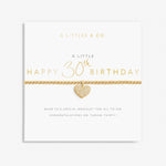 Gold heart bracelet on a card with 'Happy 30th Birthday' text. Available at Be Charmed