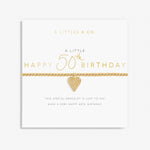 Gold heart bracelet on a card with 'Happy 50th Birthday' text. Available at Be Charmed