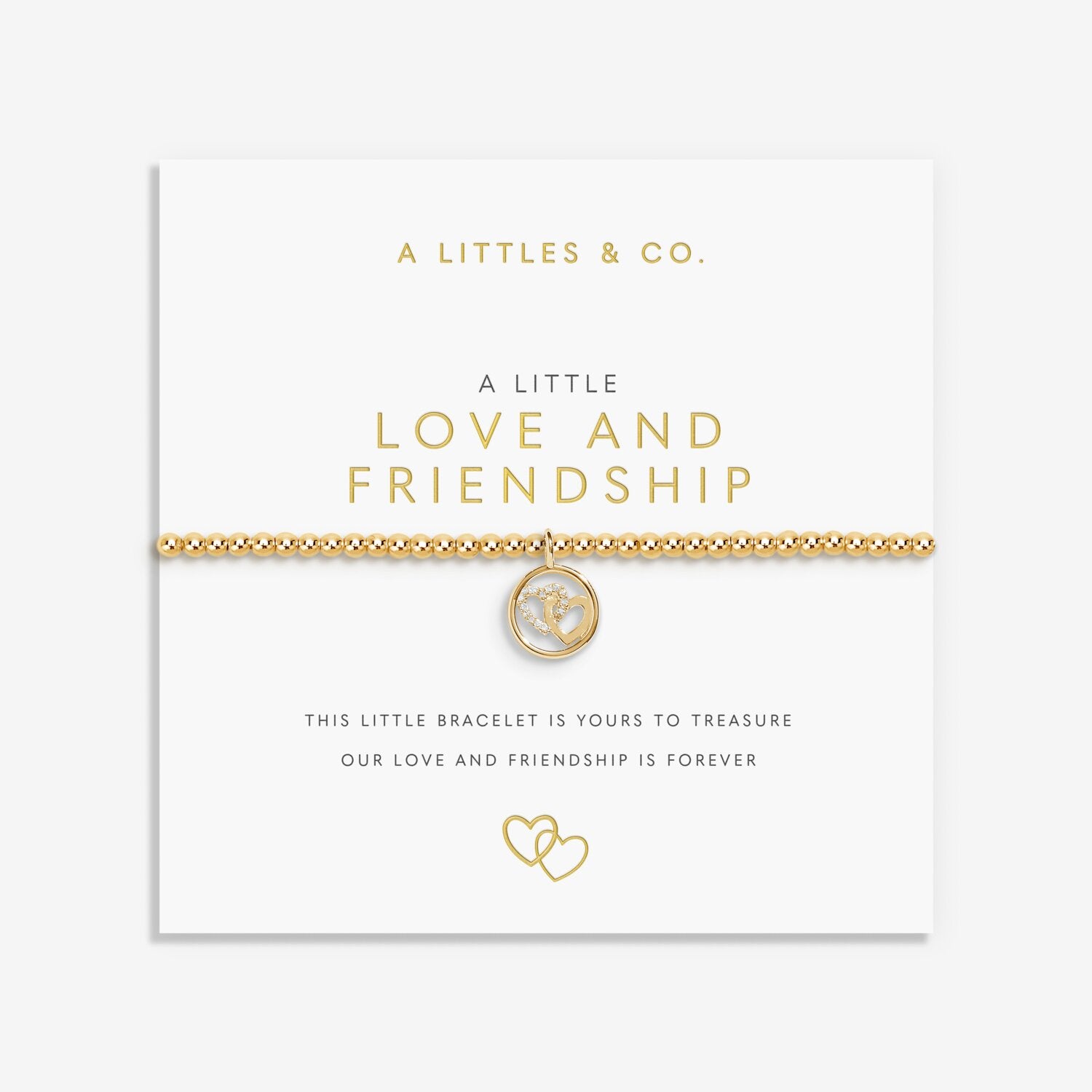 Gold bracelet on a white card with 'A Littles & Co.' branding. Available at Be Charmed