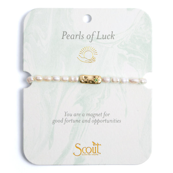 Scout Curated Wears Pearl Affirmation Bracelet on card in Luck and Gold available at Be Charmed.