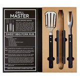 Open Box of Creative Brands BBQ Tools Book Set with stainless steel spatula, tongs & fork in masculine book-style box, includes smokey recipe—Available at Be Charmed