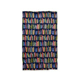Opened fleece blanket with bookshelf pattern on a white background