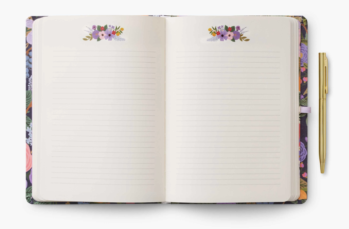 Rifle Paper Co Garden Party Journal with floral hardcover, matching gold pen, and lined pages. Stylish and gift-ready. Available at Be Charmed.