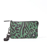 A green and dark brown animal print wristlet pouch with a black zipper and a black wrist strap, featuring a small black ORI London brand patch on the bottom right. Available at Be Charmed