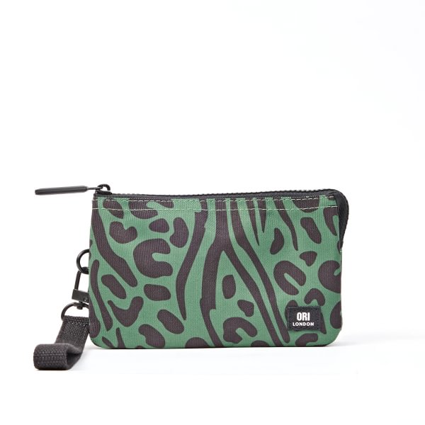A green and dark brown animal print wristlet pouch with a black zipper and a black wrist strap, featuring a small black ORI London brand patch on the bottom right. Available at Be Charmed