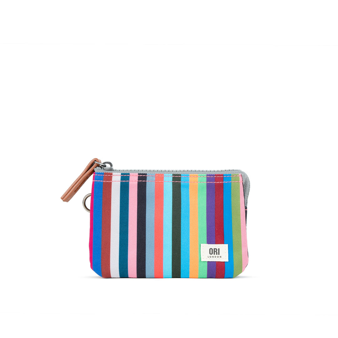 A compact, weather-resistant Multi Stripe Ori Carnaby canvas zip-around wallet with internal card slots, available at Be Charmed.