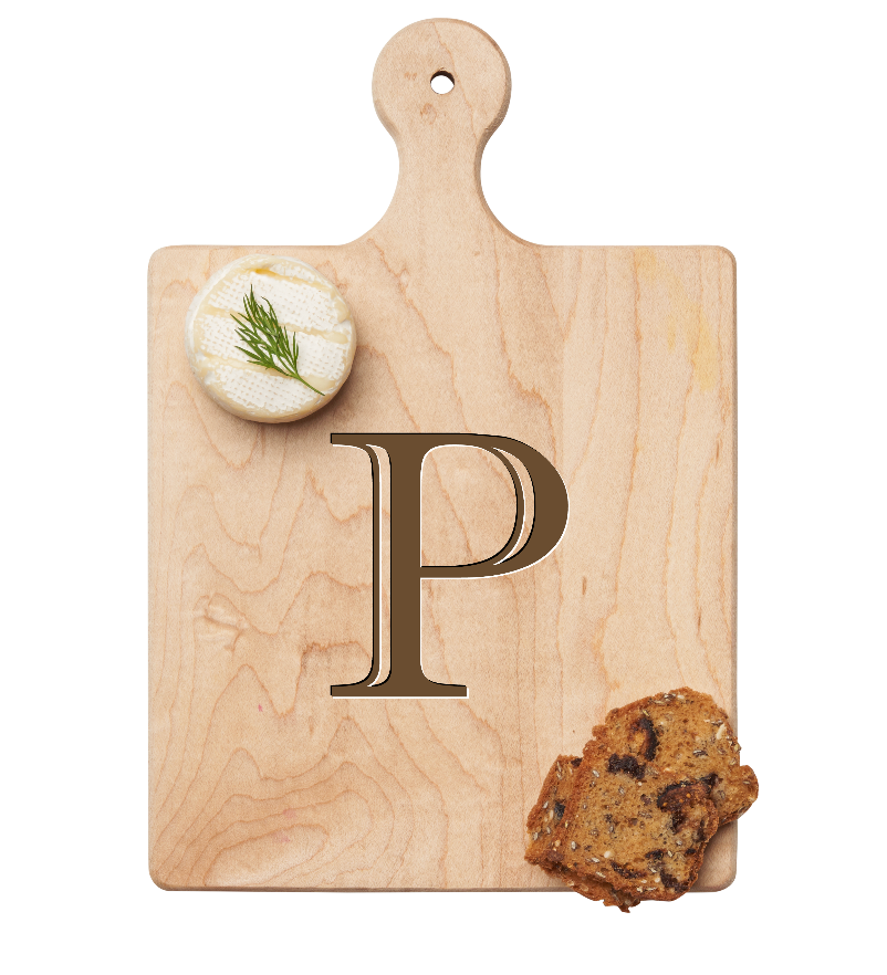 Maple Leaf 9x6 Initial Board P with Spreader. Personalized wooden serving board with monogram design. Perfect gift. Available at Be Charmed.