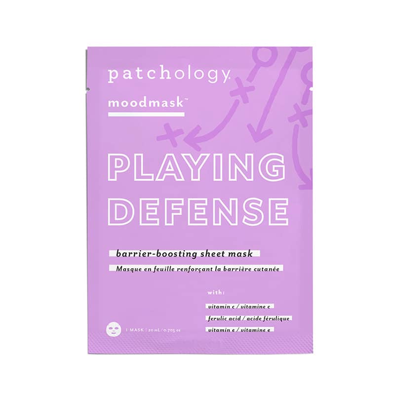 Patchology Playing Defense Sheet Mask – Antioxidant-rich mask with turmeric, green tea, and vitamin C to detox, protect, and restore stressed skin. Ideal for urban or polluted environments. Single-use sheet mask for refreshed, healthy skin. Available at Be Charmed.