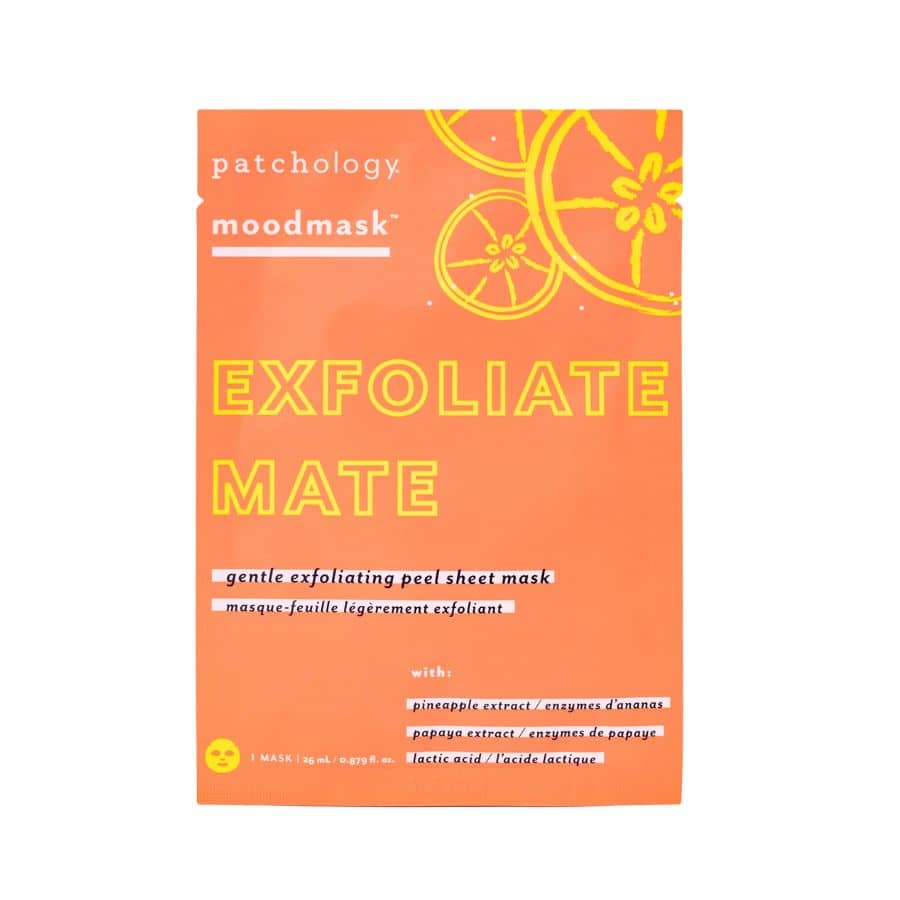 Patchology Exfoliate Mate Sheet Mask – Gentle exfoliating mask with AHA, papaya, and pineapple enzymes to smooth, brighten, and renew skin. Perfect for dull or rough texture. Single-use treatment with instant glow results. Available at Be Charmed.
