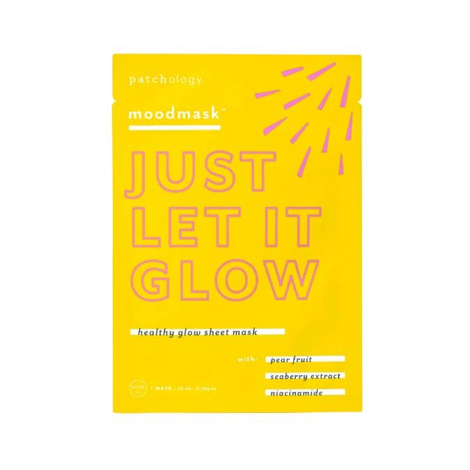 Patchology Just Let It Glow Sheet Mask – Radiance-boosting face mask with Vitamin C, pear fruit, and sea berry to brighten and even skin tone. Perfect for dull, tired skin needing a quick glow-up. Single-use sheet mask for luminous results. Available at Be Charmed.