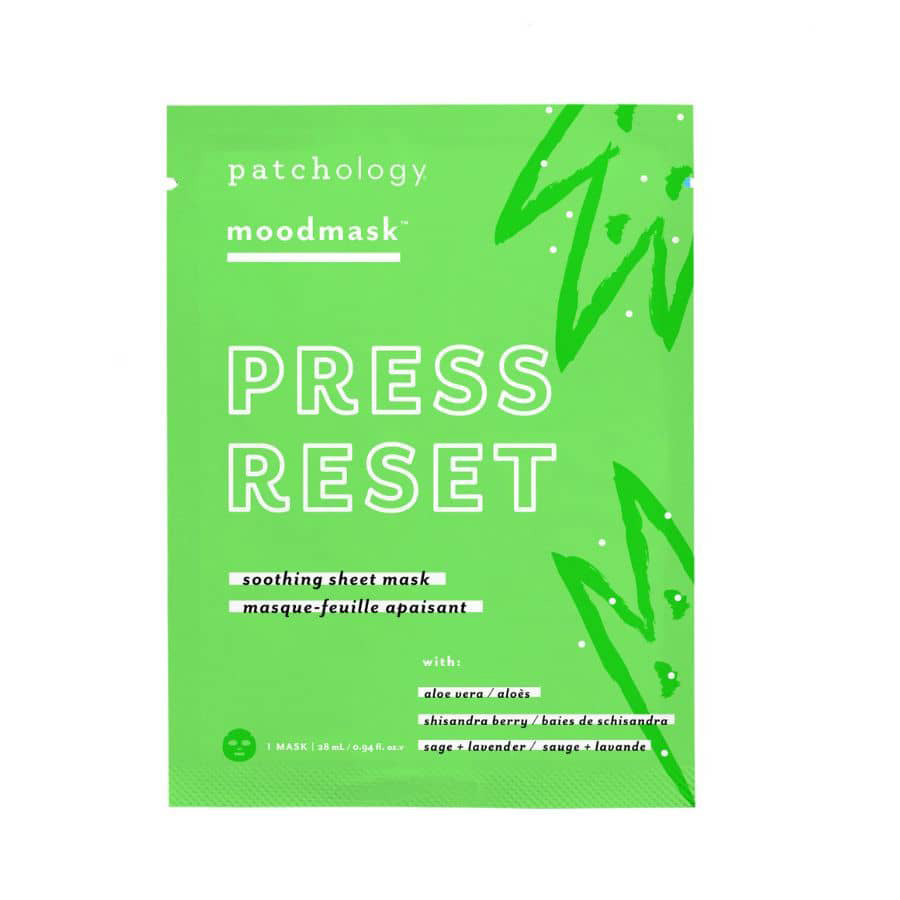 Patchology Press Reset Sheet Mask – Soothing sheet mask with reishi mushroom, gotu kola, and bakuchiol to calm, hydrate, and reset stressed or overworked skin. Great for post-travel or irritation relief. Single-use. Available at Be Charmed.