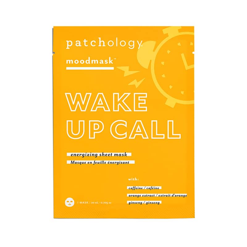 Patchology Wake Up Call Sheet Mask – Energetic morning mask with caffeine (from orange extract) and ginseng to reduce puffiness and brighten complexion. Deep hydrating serum with hyaluronic acid and glycerin. Available at Be Charmed.