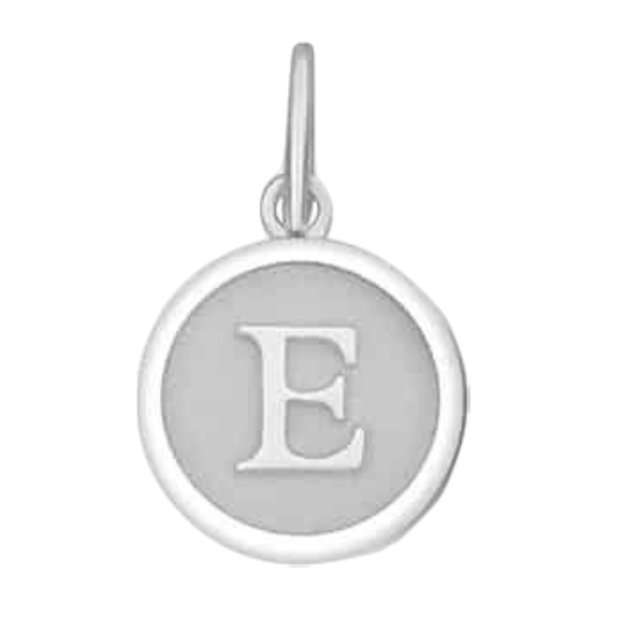 A Lola sterling silver alpine white mini pendant with the engraved letter 'E' in the center. Available at Be Charmed
