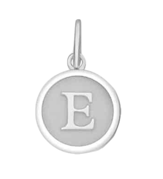 A Lola sterling silver alpine white mini pendant with the engraved letter 'E' in the center. Available at Be Charmed