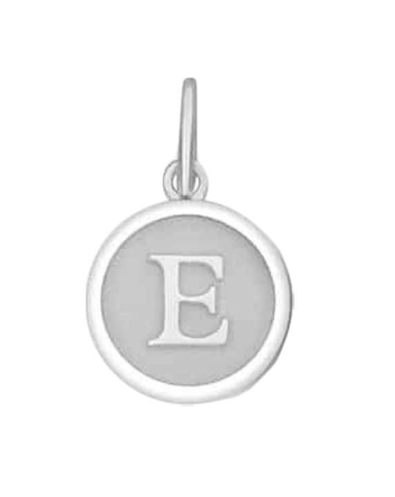 A Lola sterling silver alpine white mini pendant with the engraved letter 'E' in the center. Available at Be Charmed