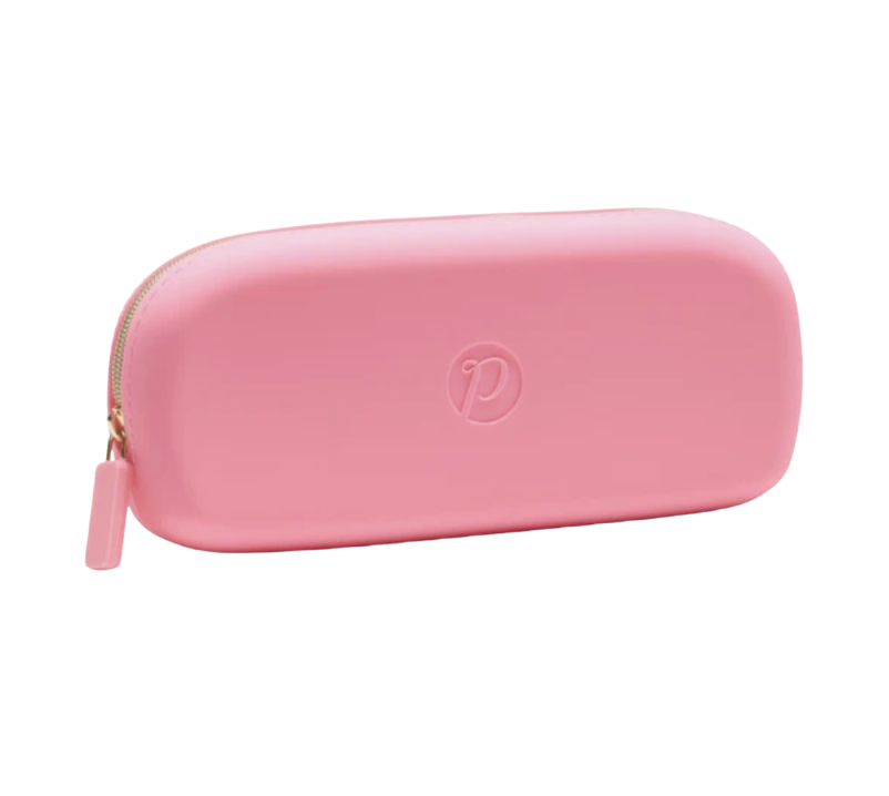 Peepers Pink sunglasses case with a logo on a white background. Available at Be Charmed