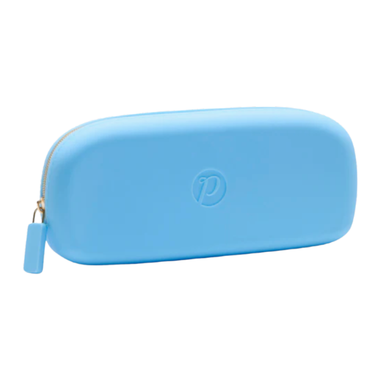 Peepers Blue eyeglasses case with a logo on a white background. Availabe at Be Charmed