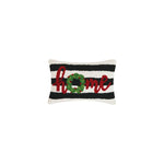 Decorative pillow with 'home' and wreath design on a black and white striped background. Available at Be Charmed