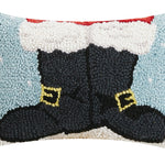 Decorative pillow with black boots and yellow buckles on a blue and red background. Available at Be Charmed