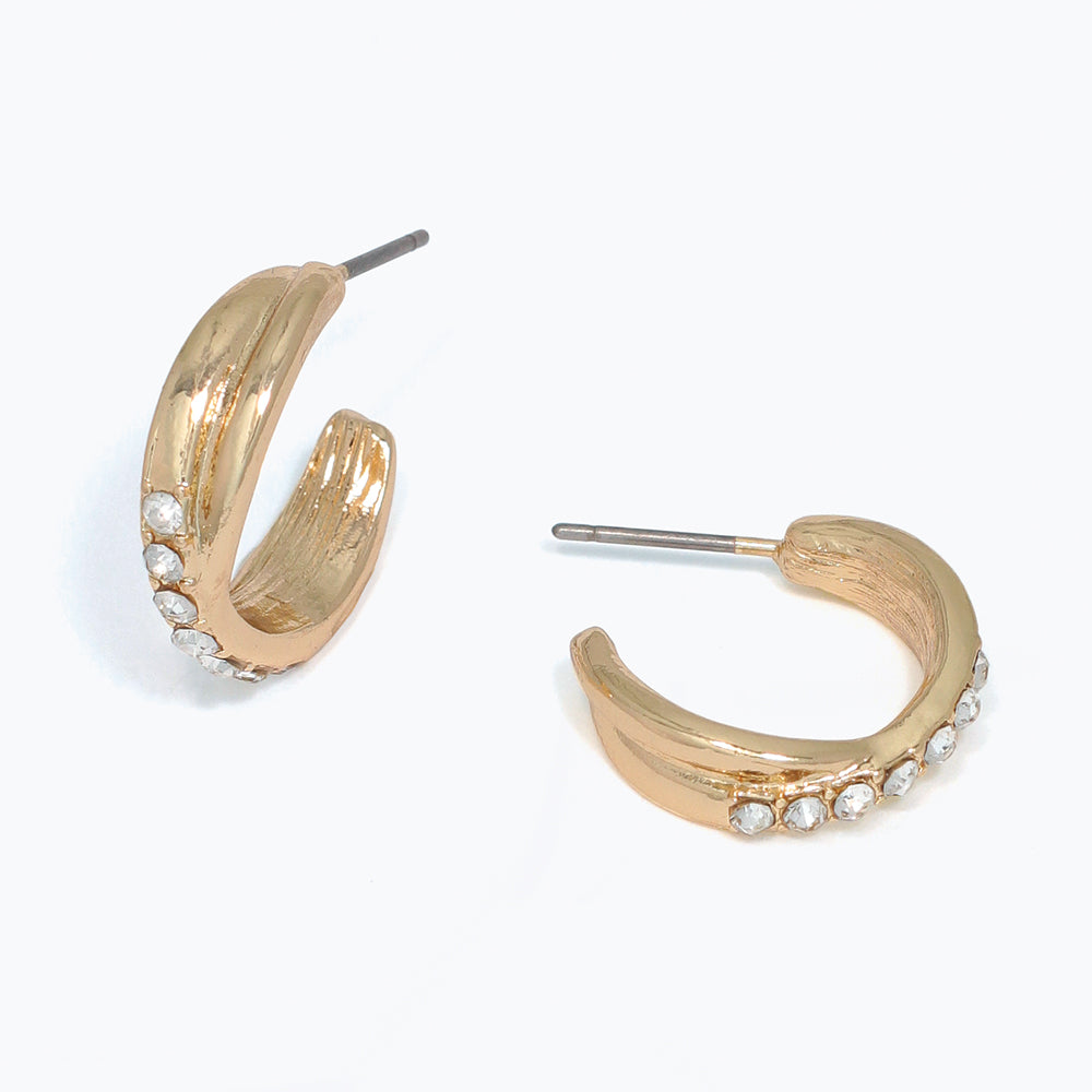 Gold hoop earrings with embedded stones on a white background. Available at Be Charmed