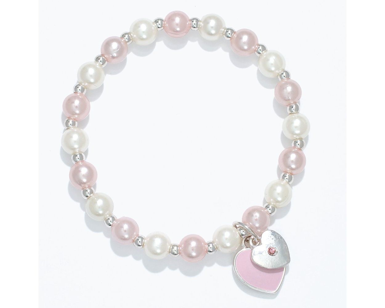 Kids pearl bracelet with a heart-shaped charm on a white background. Available at Be Charmed. 