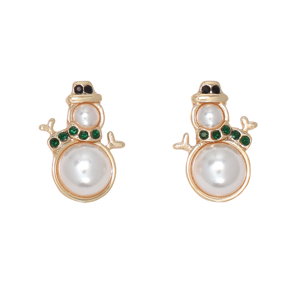 Pair of earrings with pearl-like centers and gold and green accents on a white background. Available at Be Charmed. 