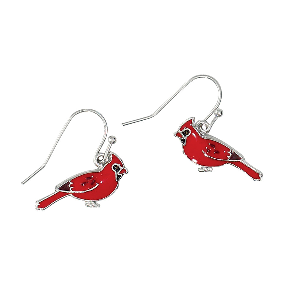 Red cardinal bird earrings on a white background. Available at Be Charmed. 