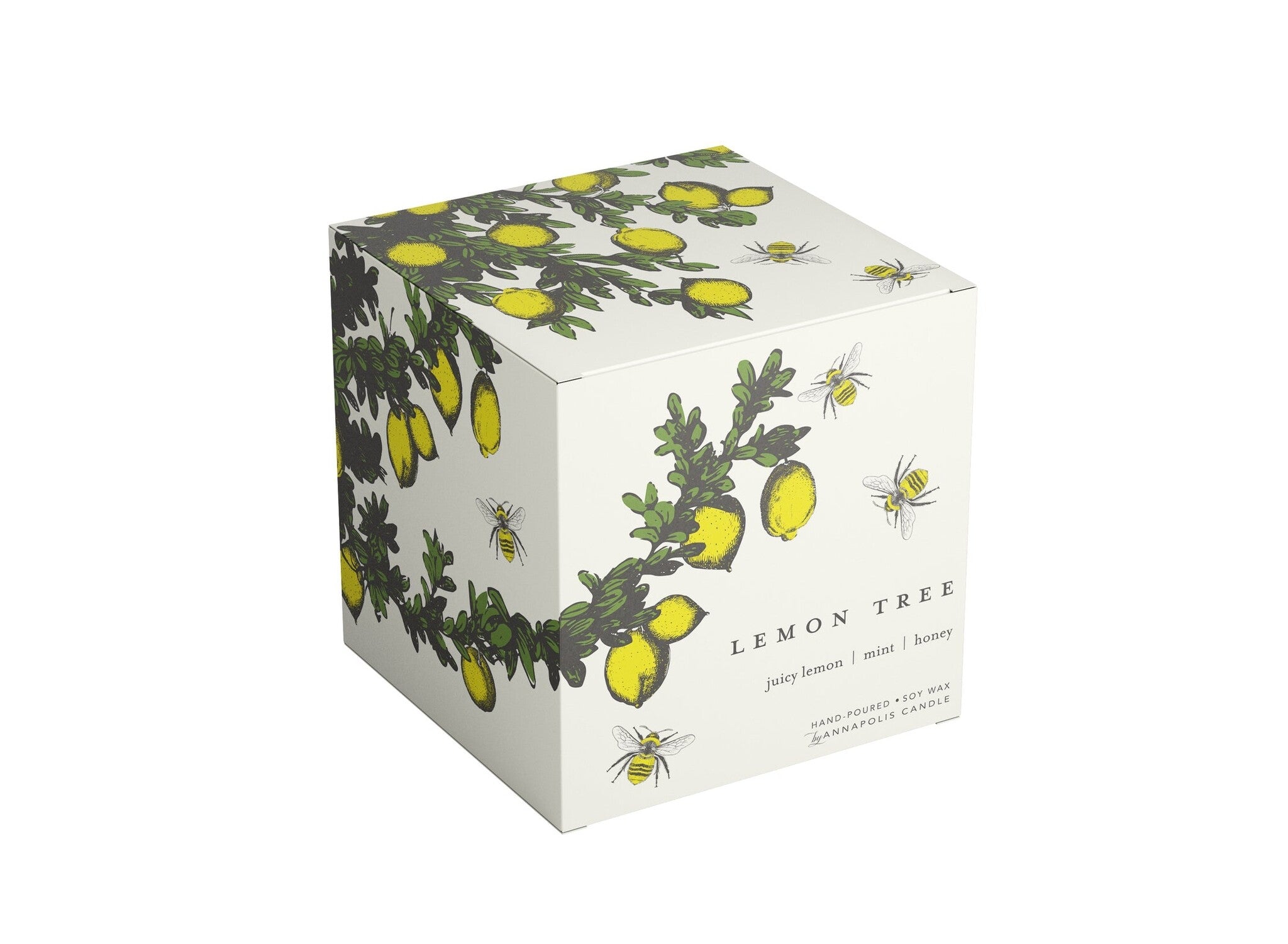 Picture of box of Annapolis Candle Terrace Lemon Tree Boxed Candle, featuring a refreshing blend of lemon, mint, and honey in a vintage-style glass, available at Be Charmed.