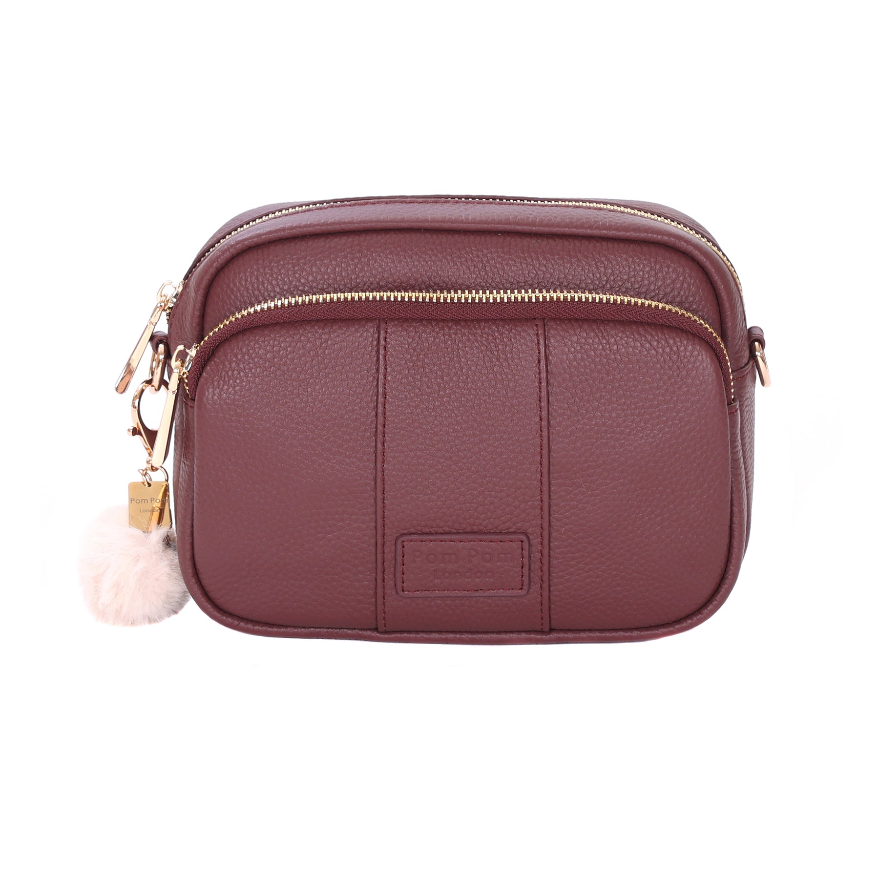 Deep Burgandy Pom Pom London Original Bag – classic handcrafted leather crossbody with adjustable and interchangeable straps. Available at Be Charmed.